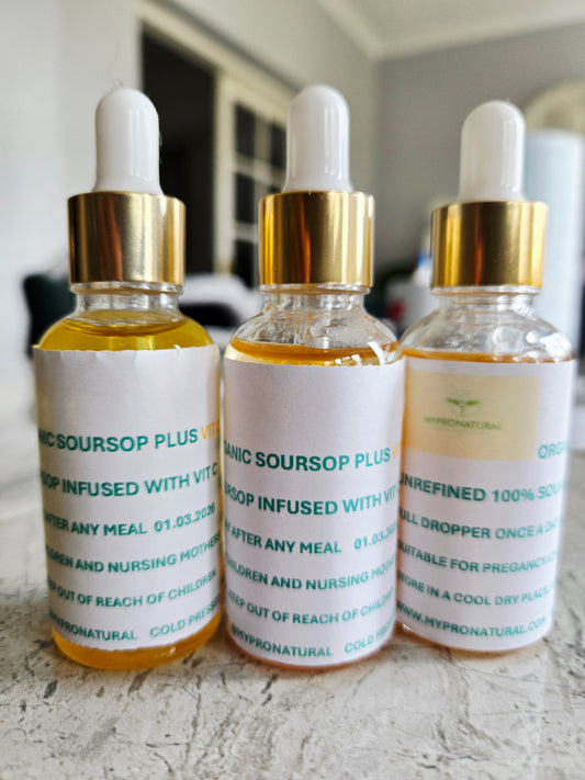 Soursop extract infused with Vit C, Virgin Organic Graviola Guanabana Oil undiluted, cold pressed, unrefined) 30mls, one months supply