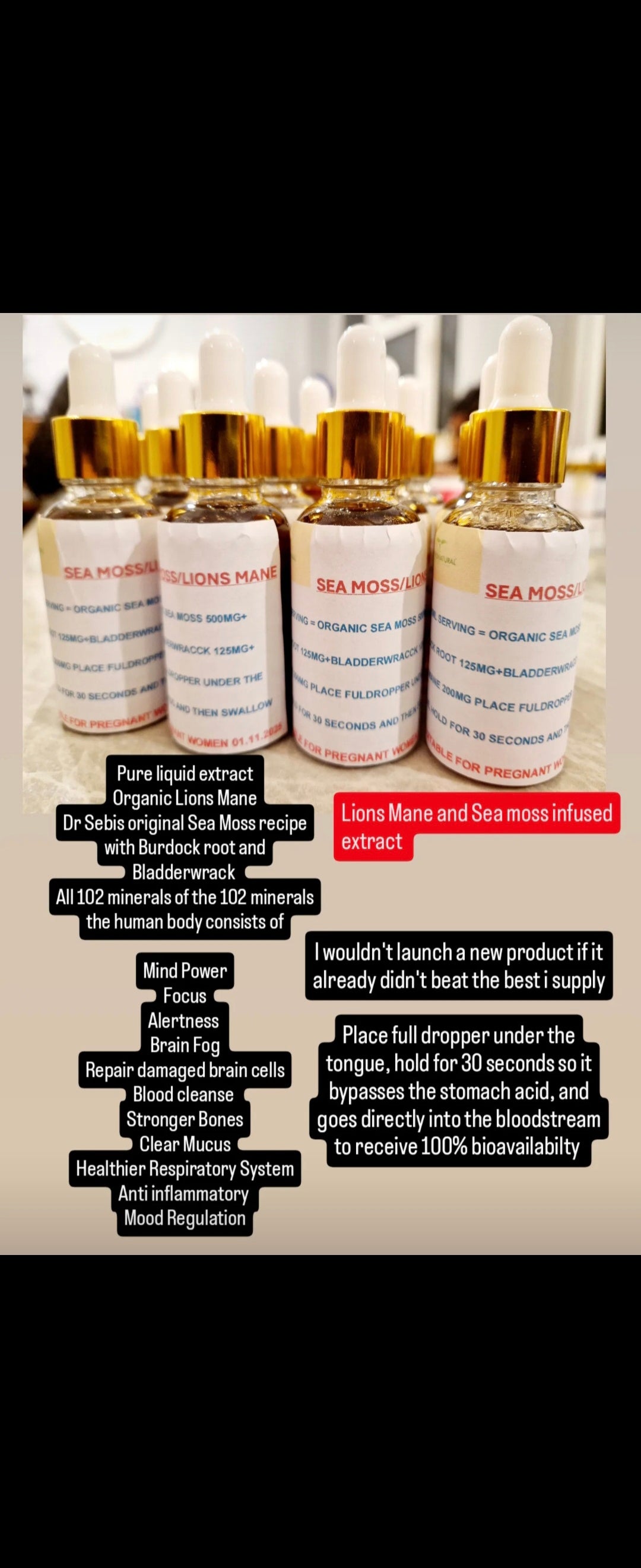 Sea Moss drops infused with Lions Mane, Dr Sebi recipe, chrondus crispus, Bladderwrack and Burdock Root