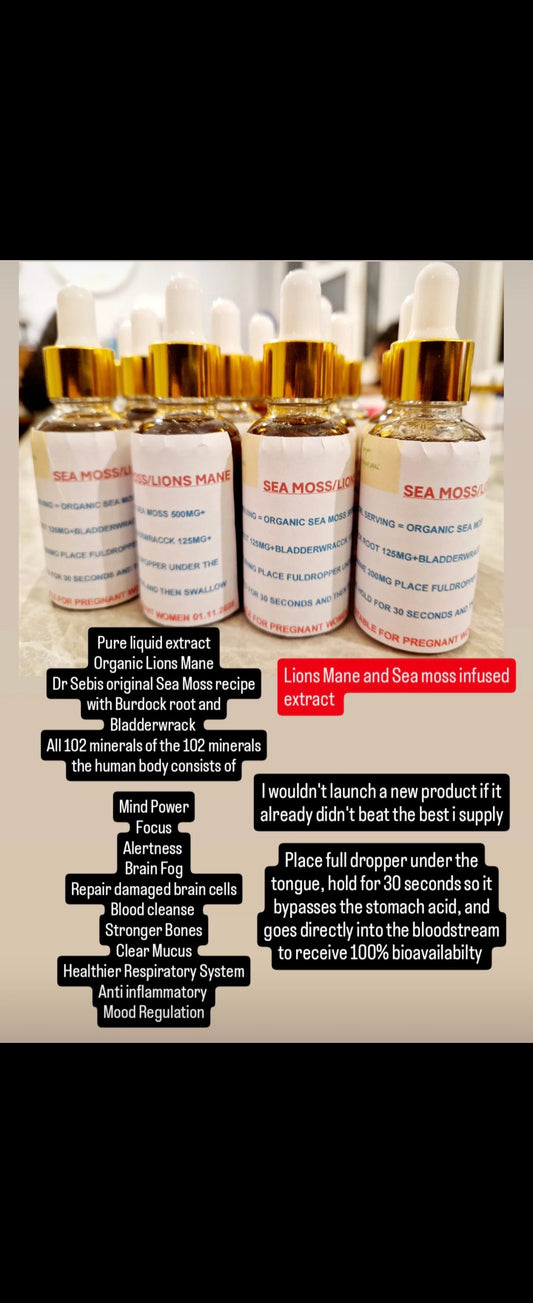 Sea Moss drops infused with Lions Mane, Dr Sebi recipe, chrondus crispus, Bladderwrack and Burdock Root